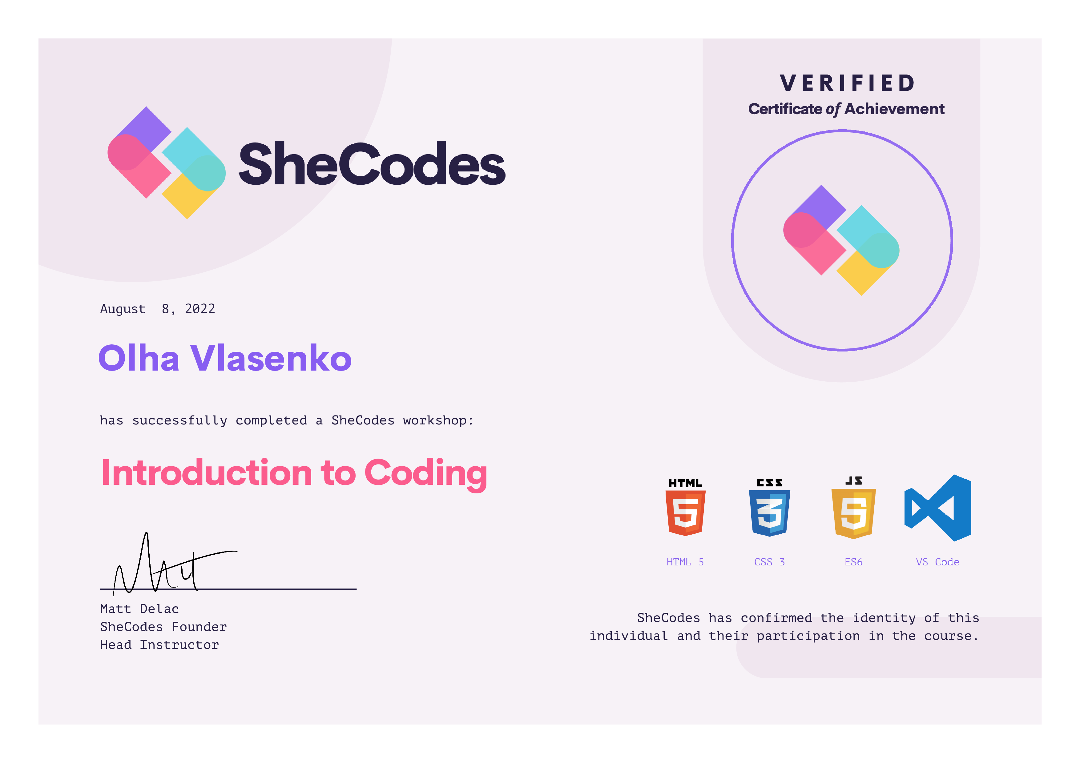 Certificates SheCodes